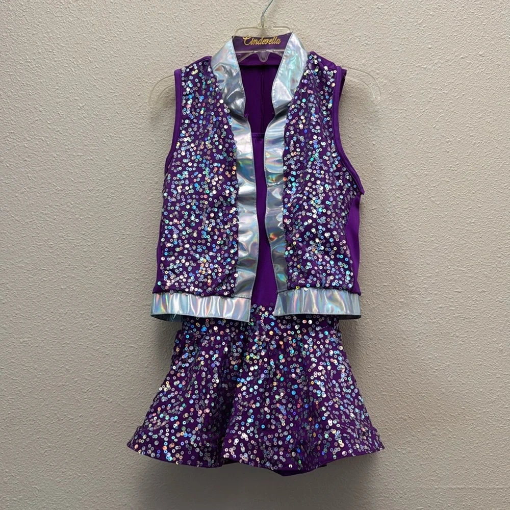 Weissman Girl’s Purple Sequin Leotard Skirt & Vest Dance Costume Size LC
